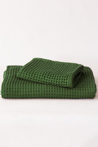 Handwoven Turkish cotton waffle weave towel set in Green - Vivamaison Denizli OEKO-TEX certified