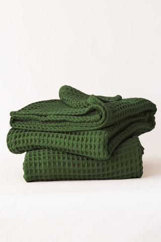 Handwoven Turkish cotton waffle weave towel set in Green - Vivamaison Denizli OEKO-TEX certified