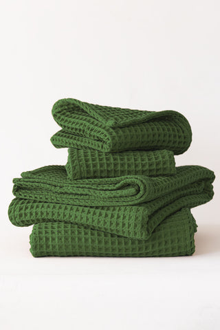 Handwoven Turkish cotton waffle weave towel set in Green - Vivamaison Denizli OEKO-TEX certified