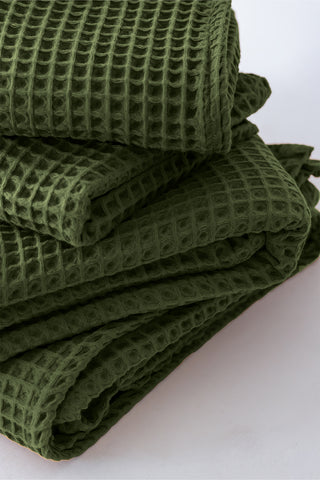 Handwoven Turkish cotton waffle weave towel set in Green - Vivamaison Denizli OEKO-TEX certified