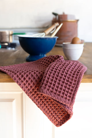 Dark waffle towel set showing coordinated face hand bath towels by Vivamaison