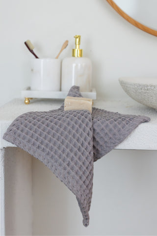 Detail of Grey waffle weave Turkish cotton towel - handwoven Denizli craft