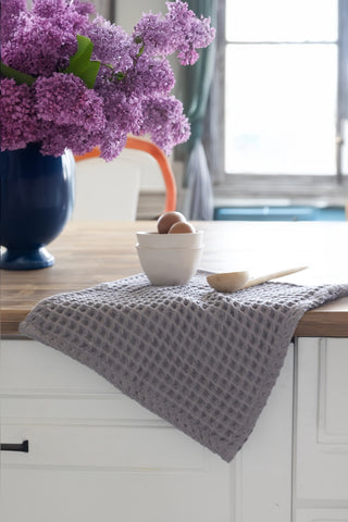 Grey waffle towel set styled bathroom view - spa-quality Aegean cotton