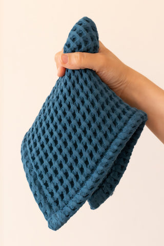 Indigo waffle towel set showing coordinated face hand bath towels by Vivamaison