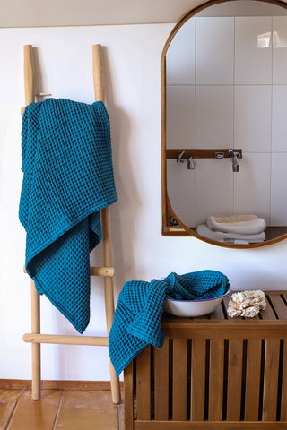 Handwoven Turkish cotton waffle weave towel set in Indigo - Vivamaison Denizli OEKO-TEX certified