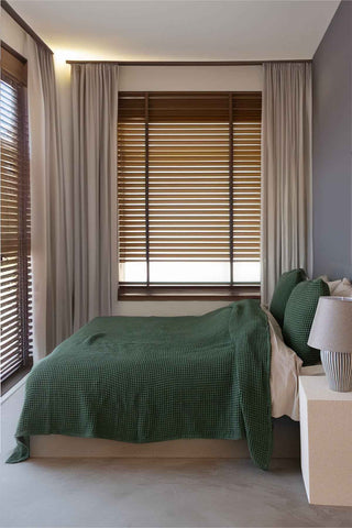 Detail of Dark Green 350 GSM Turkish waffle cotton bedspread fabric - handwoven Denizli