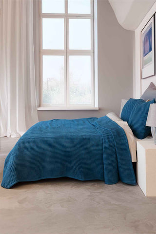 Detail of Indigo Blue 350 GSM Turkish waffle cotton bedspread fabric - handwoven Denizli